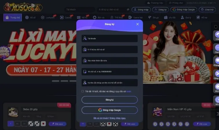 Giao diện đăng ký Xoso66