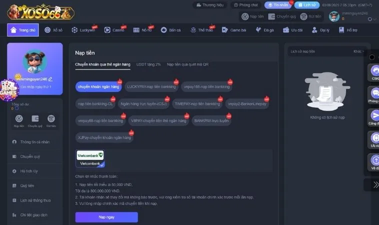 Các phương thức nạp tiền Xoso66