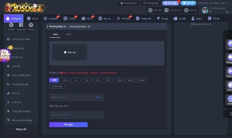 Giao diện rút tiền Xoso66